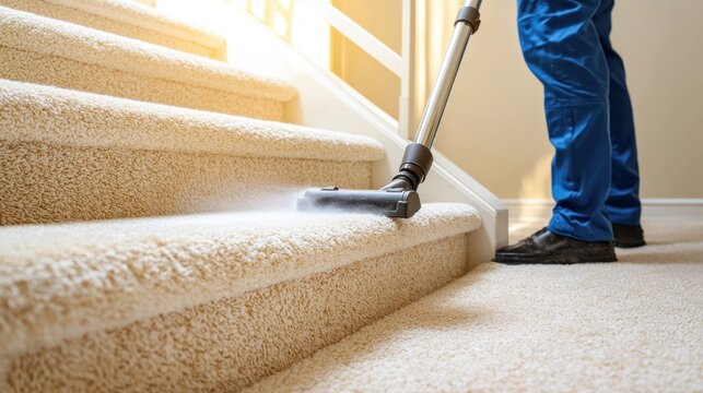 Professional Cleaner Vacuuming Carpeted Stairs with Modern Equipment, Ensuring a Spotless and Fresh Home Environment for Families and Individuals
