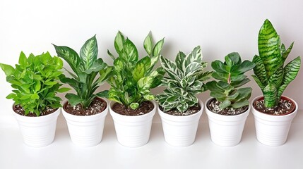 Obraz premium A Vibrant Collection of Various Indoor Plants in White Pots Perfect for Home Decor and Enhancing Indoor Spaces with Lush Greenery and Natural Beauty