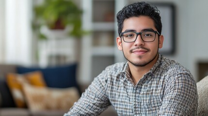 Obraz premium Confident Young Man Smiling in a Cozy Living Room Setting
