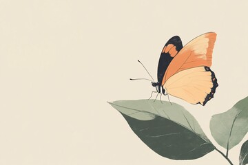 Obraz premium Minimalist Butterfly Landing on Leaf Illustration