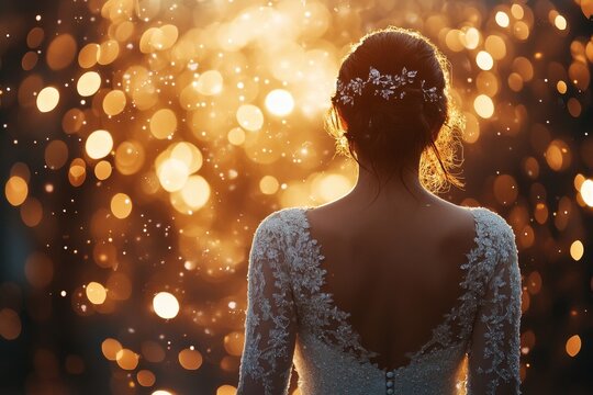 Stunning bridal backshot with woman in wedding dress against a sparkling glitter background