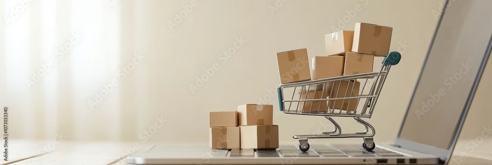 Poster miniature shopping cart full of cardboard boxes is standing on a laptop keyboard, representing the c