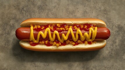 Delicious Hot Dog with Mustard and Ketchup on a Rustic Background Perfect for Food Lovers, Summer Barbecues, and Culinary Enthusiasts