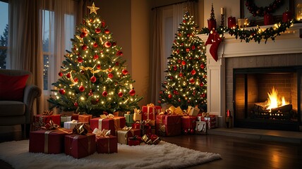 Obraz premium A beautifully decorated Christmas tree adorned with lights, golden and red ornaments, with a cozy fireplace and stacks of gifts in the background. Christmas tree, ornaments, fireplace, gifts.