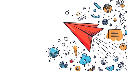 Obraz premium Red paper airplane flying over doodle icons