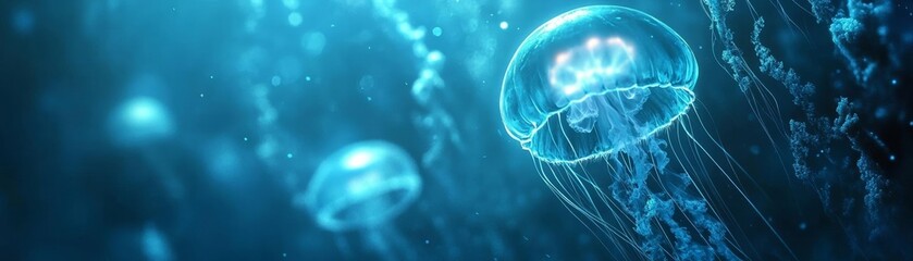Elegant jellyfish glowing in the depths of the ocean, soft illumination against dark blue water