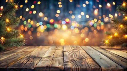 Captivating Christmas Bokeh Background with Empty Wooden Surface for Holiday Decorations and Festive Displays, Perfect for Seasonal Greetings and Creative Projects