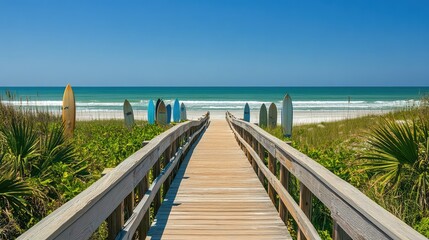 Obraz premium Serene Pathway Leading to a Sandy Beach with Colorful Surfboards and Lush Green Vegetation Under a Clear Blue Sky