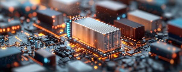 International shipping containers with glowing global network, cross-border e-commerce, digital supply chain concept