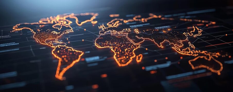 High-tech world map with glowing data connections, showcasing the global financial network