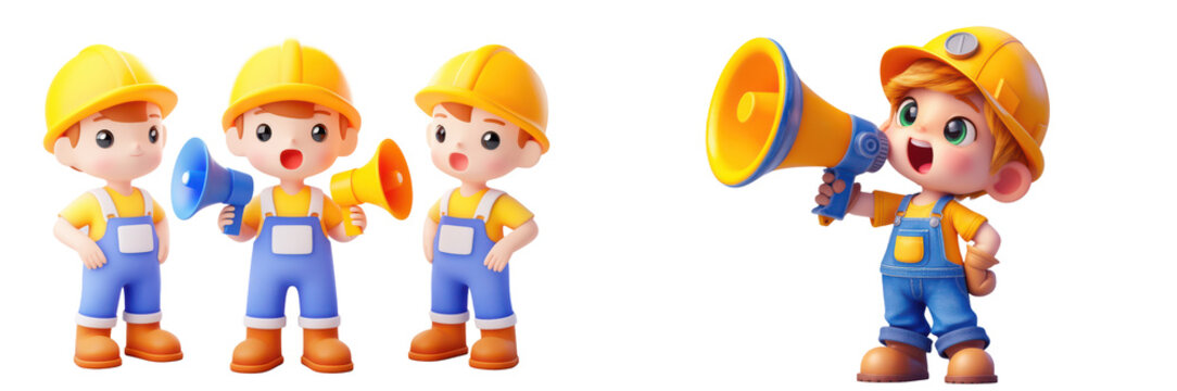 Cute Cartoon Construction Workers with Megaphones  on transparent background