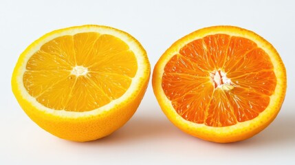 Fototapeta premium Freshly Cut Orange Halves Displaying Distinct Colors and Textures on a Light Background, Perfect for Juicing, Cooking, or Healthy Eating Inspiration