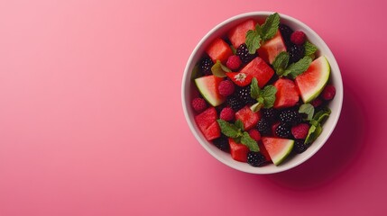 Fresh and Vibrant Fruit Salad Bowl with Watermelon, Raspberries, Blackberries, and Mint Leaves on a Pink Background, Perfect for Summer Celebrations and Healthy Eating