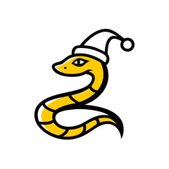 Fototapeta premium Cartoon snake character wearing a Christmas hat and smiling in a fun style on a white background