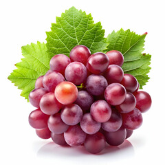 Fototapeta premium A cluster of red grapes with a vibrant green leaf is isolated against a white background.