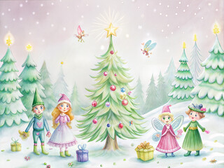 Fototapeta premium Magical New Year scene with children and fairies decorating a Christmas tree in a snowy landscape