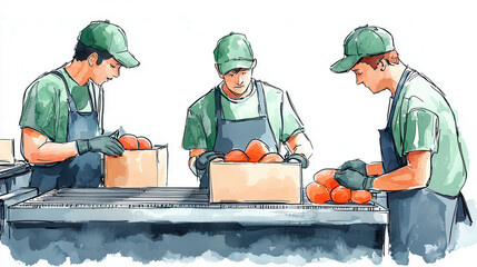 Three workers in green uniforms packaging fruits into boxes on a conveyor belt in a production facility.