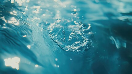 Obraz premium Close-up of air bubbles suspended in fresh blue water, moving upward in a pattern with soft ripples and natural lighting.