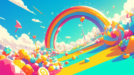 Whimsical candy rainbow arching over a playful landscape
