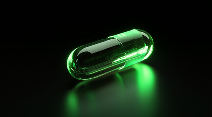 drug pill, transparency, green colors, dark background