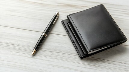 Elegant Black Wallet and Sleek Pen Resting on Light Wooden Surface for Business and Personal Use, Ideal for Office or Home Settings, Minimalist Design