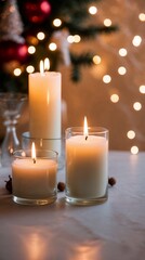 Photo of Candle Lit with Soft Flicker of Light on a table in holiday celebration