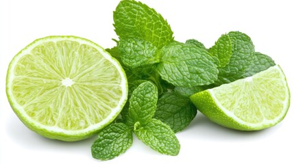 Fresh Slices of Lime with Vibrant Green Mint Leaves on a White Background for Culinary and Beverage Use in Food Photography