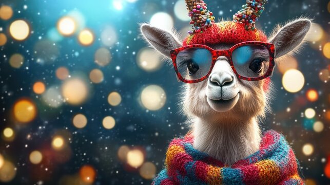 Festliches Alpaka mit Brille und bunter Fliege f&Atilde;&frac14;r weihnachtliche Stimmung im digitalen Mediendesign