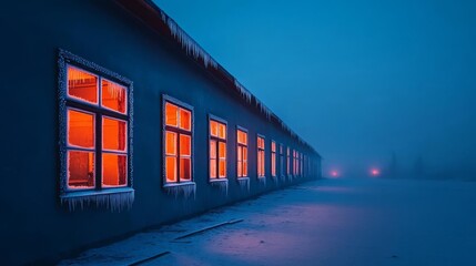 Obraz premium Abandoned building with frost-covered windows, soft blue ambient light, quiet winter night