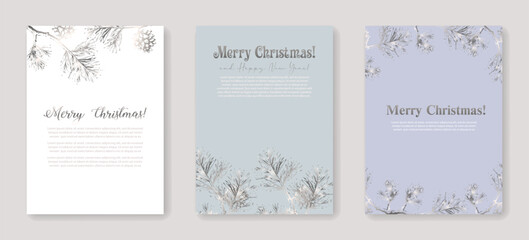 Christmas Cards Set with Xmas Tree Branches. Merry Christmas Holiday Background Collection with Silver Shiny Elements. Winter Holiday Composition for Xmas Design. New Year Greeting Card Design