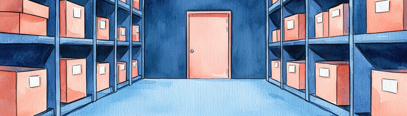 Fototapeta premium A tidy storage room with blue walls, featuring shelves filled with labeled boxes and a closed pink door.