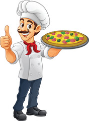 A chef cook holding a pizza cartoon food man mascot character illustration