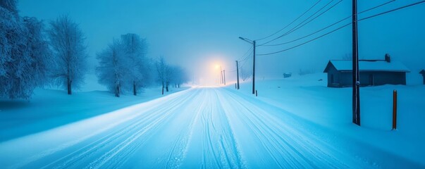 Abandoned snowy street illuminated by pale blue light, ambient cold fog, quiet winter night scene