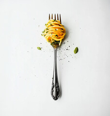 Fork with spaghetti twisted on it and splashed pesto sauce lies on a white background, top view