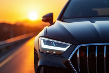 Sleek black luxury car with led headlights at sunset on open road