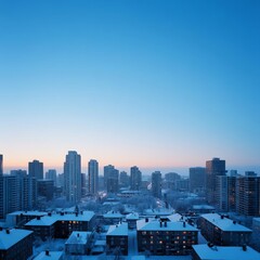 City skyline at dawn with ambient blue light, frost on rooftops, serene cold morning