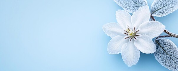 Frost-covered flower with soft blue ambient light, cold winter detail, delicate and serene
