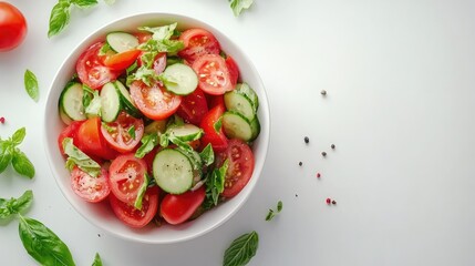 Fresh Vegetable Salad with Sliced Tomatoes and Cucumbers Garnished with Basil Leaves on a Light Background