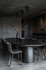 A modern dining space with an oval black wooden table and matching black chairs  " ai generator "