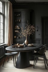 A modern dining space with an oval black wooden table and matching black chairs  " ai generator "
