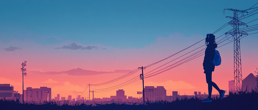 Silhouette of a Woman Standing on a Hilltop at Sunset with City Skyline in the Background, Silhouette of a Woman Standing on a Hilltop at Sunset with City