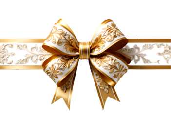 Gold and White Bow with Ornate Design."A large gold and white bow with intricate floral patterns on the ribbon framed by a thin gold border and ornate white design elements."