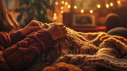 Close-up of hands knitting a large wool blanket, surrounded by yarn in warm tones, with a comfortable chair and soft lighting in the background
