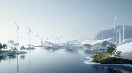 Futuristic city with wind turbines and modern architecture by a lake.