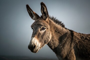 Fototapeta premium Captivating Low Light Image of a Donkey Gazing Directly at the Camera Against a Soft Gray Background for Nature and Animal Photography Enthusiasts