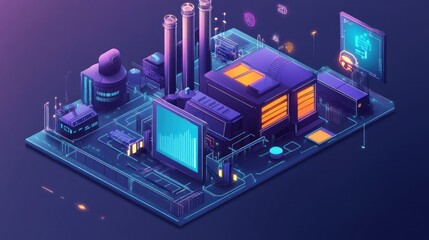 An isometric illustration of a futuristic factory with neon lights and a circuit board background.