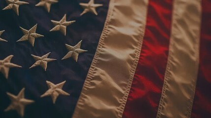 Detailed View of an American Flag with Stars and Stripes, Showcasing the Rich Colors and Texture of the Fabric, Perfect for Symbolizing Patriotism and National Identity in Imagery