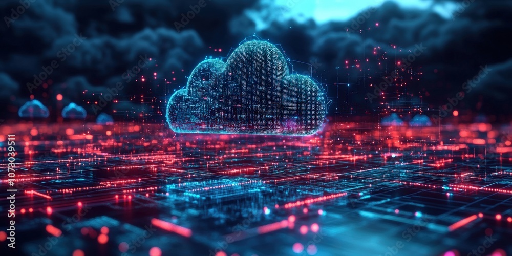 Poster futuristic digital cloud network visualization with glowing elements and data representation above a