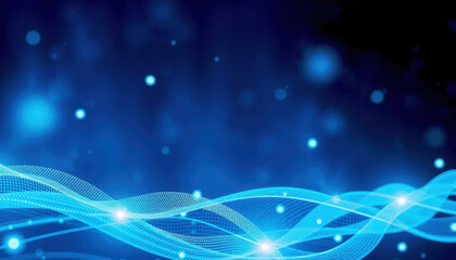 vibrant blue background with flowing waves and glowing dots creates dynamic and energetic atmosphere. Perfect for technology or abstract themes
