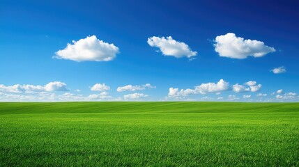 Obraz premium Lush Green Meadow Under a Bright Blue Sky with Fluffy White Clouds and a Peaceful Atmosphere, Ideal for Nature-Themed Projects and Serene Backgrounds